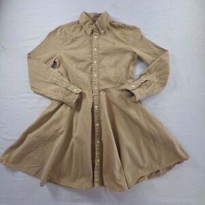 Polo Ralph Lauren Cotton Shirt Dress Khaki Twill Long Sleeve Size 12 Tan Preppy